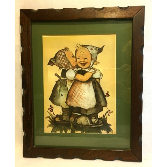 B Hummel Print Telling Her Secret Two Girls Ars Sacra Green Matte & Wood Framed - Picture 1 of 8